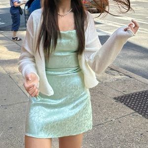 - Satin Floral Mini Dress,Wore 1 time, bows tie on the shoulder, first pic is me